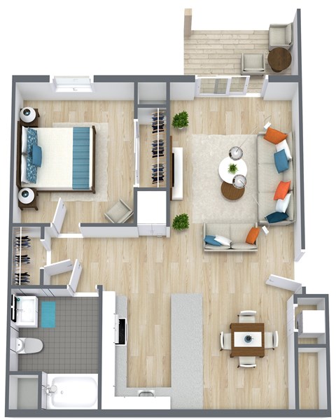 Floor plan for 1 bed, 1 bath, 760 sqft